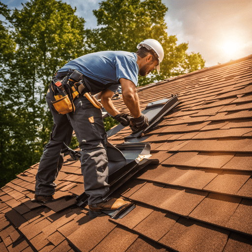 An image capturing a skilled roofer meticulously aligning shingles on a newly installed roof, with the sun casting a warm glow on the sturdy materials, showcasing the professionalism and expertise of the roofing company